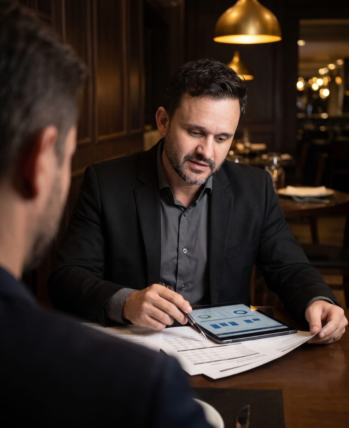 Fábio Bindes analisando os números de um restaurante